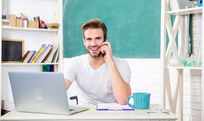 Wall Mural - Web development and online communications. Required knowledge. High school university. Man use modern technology. Improve knowledge. Student learn programming language. Youth demand modern knowledge