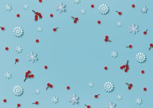 Christmas And New Year Pattern, Decorative Snowflake, Holly Berries On Blue