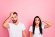 © deagreez - Portrait of his he her she two nice-looking attractive lovely disappointed sullen dissatisfied confused person isolated over pink pastel background