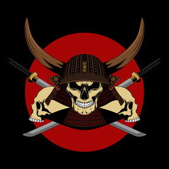 Canvas Print - Color vector image of a samurai skull with swords and skulls.