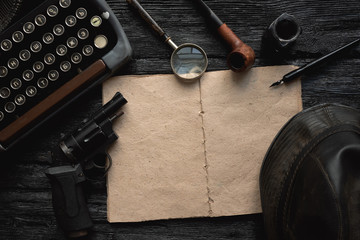 Wall Mural - retro detective book template with blank pages for copy space. detective or spy agent story flat lay