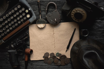 Wall Mural - retro detective book template with blank pages for copy space. detective or spy agent story flat lay