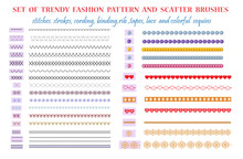 Set Of Fashion Pattern Brushes. Modern Printed Stripes, Stitches, Binding, Tapes, Laces, Belts And Pockets.
