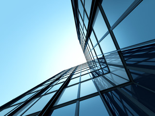 Poster - View of high rise glass building and dark steel window system on blue clear sky background,Business concept of future architecture,looking up to the sun light on the top of building. 3d render