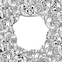 Black and white frame with funny snails. Coloring page style