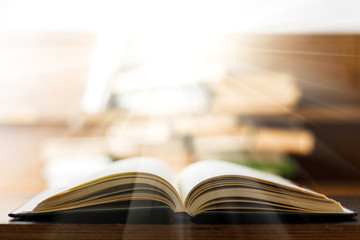 Education concept. Stack of books on table.