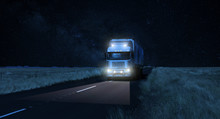 Long Haul Overnight Trucking Logistics On A Dark Country Highway Road