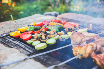 Vegetables and meat on grill. Pepper, tomatoes, mushrooms and zucchini squash. Chicken on open fire. Summer barbecue party. Healthy natural food.