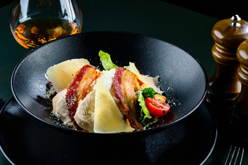 Poster - Salad with bacon, olives and tomatoes on wooden table. Top view