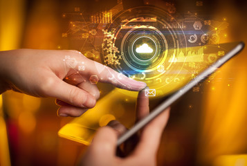 Poster - Hand holding tablet with cloud storage technology concept