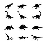 Fototapeta Dinusie - Vector black set collection of dinosaur silhouette isolated on white background