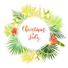 Wall Mural - Christmas on the summer beach design with green palm leaves and tropical hibiscus flowers, vector illustration.
