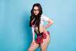 Profile photo of naked hot body lady boyfriend romantic date surprise wear top red skirt fishnet tights isolated blue background