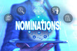 © Artur - Conceptual hand writing showing Nominations. Concept meaning action of nominating or state being nominated for prize Female human wear formal work suit presenting smart device