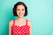 © deagreez - Close up portrait of fascinating young beautiful wonderful lady posing in front of came while isolated with teal background