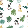 Cute safari background with giraffe,zebra,leaves.Vector illustration seamless pattern for background,wallpaper,frabic.include wording wild and free.Editable element