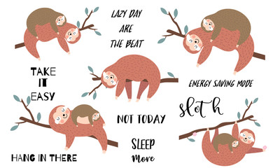 Lazy sloth object set with branch,sleep,hanging. illustration for logo,sticker,postcard,birthday invitation.Include Not today,let's hang out wording.Editable element