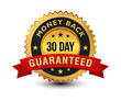Golden colored 30 day money back guaranteed badge with red ribbon on top isolated on white background. banner, sticker, tag, icon, stamp, label, sign.