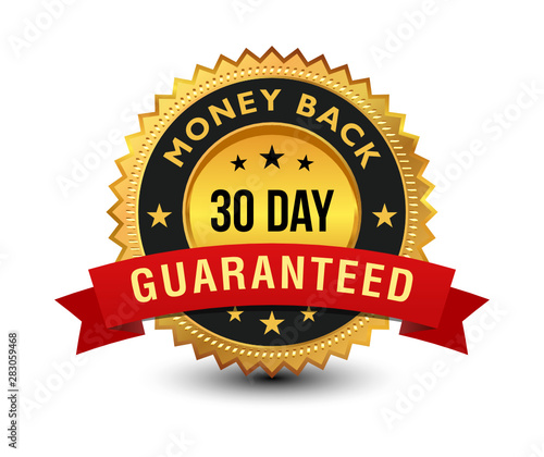 Fotografía Golden colored 30 day money back guaranteed badge with red ribbon on top isolated on white background