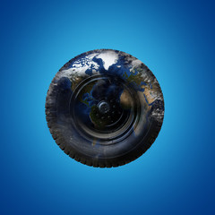 Truck wheel and tire with world map and cloud image source from NASA