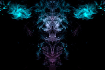 Wall Mural - The terrifying face of a monster with an open mouth of smoke of green and pink on a black isolated background. Print for clothes.