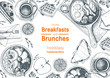 Breakfasts and brunches top view frame. Food menu design. Vintage hand drawn sketch vector illustration. Good nutrition.