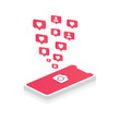 3d Vector of isometric of mobile phone with camera, heart, follower and comment bubbles push notifications, social media illustration - vector