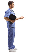 Sticker - Medical person in a blue uniform holding a clipboard and gesturing with hand