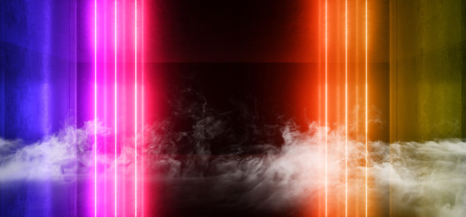 Smoke Neon Glowing Plasma Retro Cyber Virtual Rainbow Orange Purple Luminous Fluorescent Tube Lights Abstract Grunge Concrete Tunnel Room Sci Fi Futuristic Stage Empty Night 3D Rendering