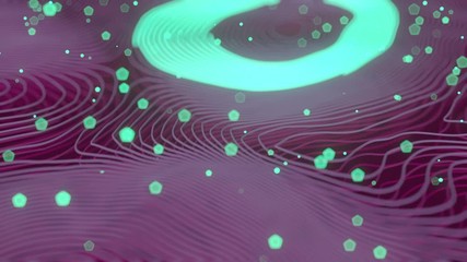 Poster - Pink colored abstract background with bright particles. Deformed wavy wires with motion glowing elements. Depth of field. 3D render loop animation. 4K, Ultra HD resolution.