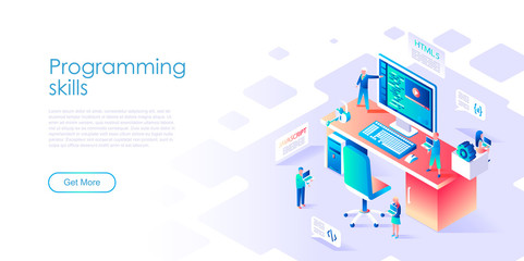 Modern flat design isometric concept of Programming Skills for banner and website. Isometric landing page template. Developer of project team of engineers for website coding. Vector illustration.