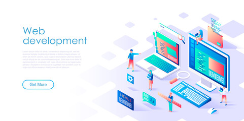 Fototapete - Modern flat design isometric concept of Web Development for banner and website. Isometric landing page template. Teamwork project, web agency and new company project. Vector illustration.