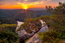 A beautiful sunset at Vyhlidka Maj (Viewpoint May). Meander of the river Vltava (Moldau) in Central Bohemia close to the Prague, Czech republic