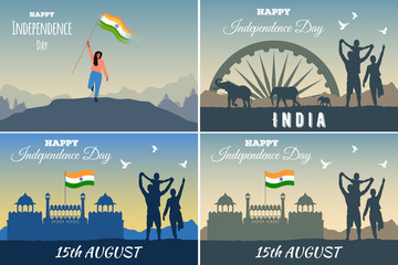 Set of banners for Happy Independence Day of India with people outdoors. The family celebrates a national holiday. The silhouette of the Red Fort on the background of a mountain landscape.