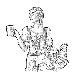 Young sexy Oktoberfest woman holding beer mug. Vintage vector engraving