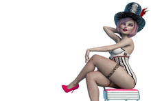 Cabaret Girl Cartoon On Chair Pin Up Pose With A Copy Space