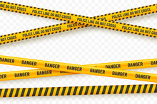 Yellow Police Tape Isolated On Transparent Background. Crime Scene Tape Vector Illustration. Black And Yellow Police Stripes. Danger Zone Designation. Element For Your Design.