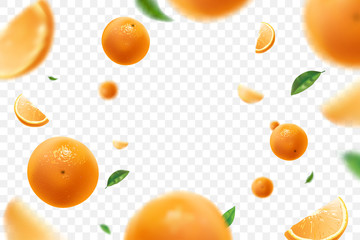 falling juicy oranges with green leaves isolated on transparent background. flying defocusing slices