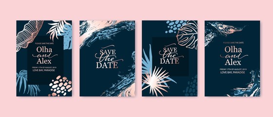 Set of elegant fashion brochure, birthday card, background, cover. Blue and goldenrose gold marble texture. Geometric frame. Palm, exotic leaves. Save the date, invitation, wedding card design.