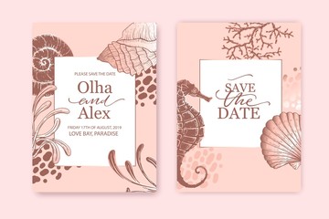 Wall Mural - Set of wedding cards, invitation. Save the date sea style design. Romantic beach wedding summer background. Hand drawn seashells with rose gold texture.