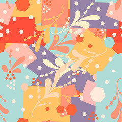  background with geometric figures and abstract flowers of blue and pink colors with orange