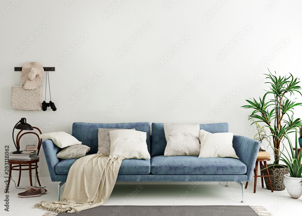 Obraz na płótnie Mock up wall in steel blue modern interior background, living room, Scandinavian style, 3D render, 3D illustration w salonie