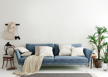 Mock Up Wall In Steel Blue Modern Interior Background, Living Room, Scandinavian Style, 3D Render, 3D Illustration