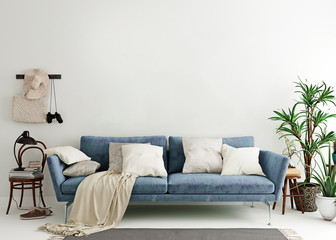 mock up wall in steel blue modern interior background, living room, scandinavian style, 3d render, 3