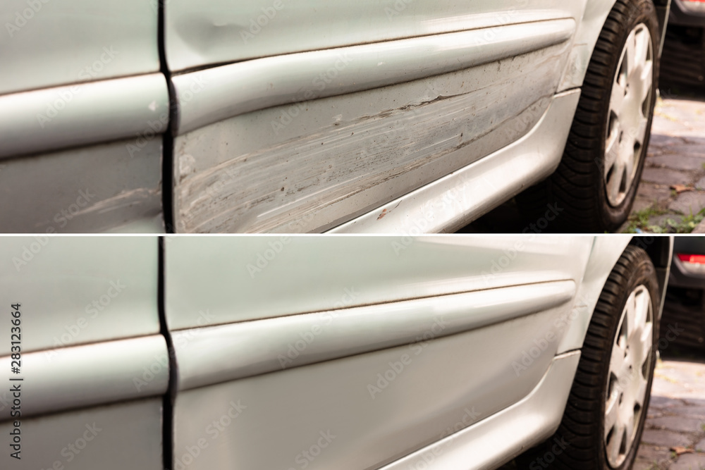 Car dent repair before and after - obrazy, fototapety, plakaty 