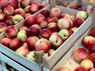 Fresh, ripe nectarines in wooden boxes for sale at a market. Close up. Fruit, summer concept.