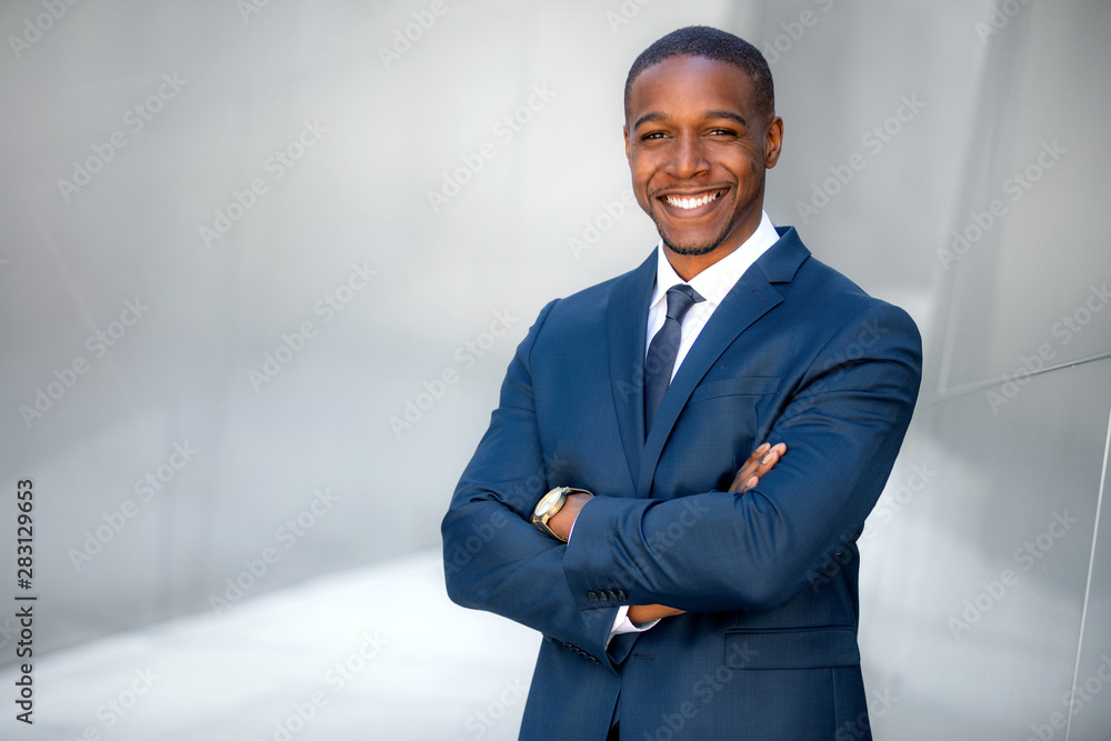 Portrait of male african american professional, possibly business executive corporate CEO, finance, attorney, lawyer, sales - obrazy, fototapety, plakaty 