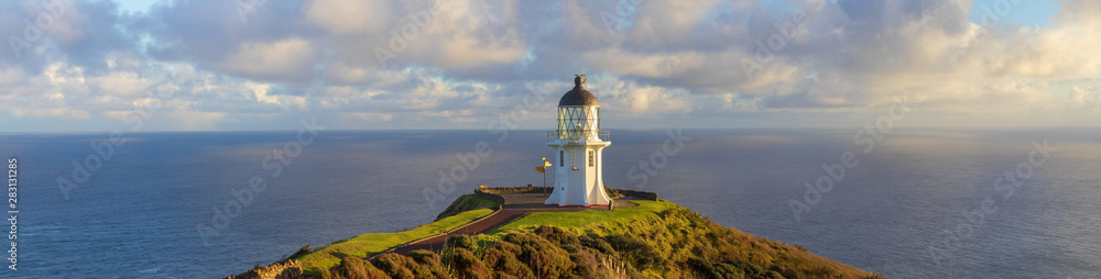 Cape Reinga lighthouse panorama, Pacific ocean, New Zealand - obrazy, fototapety, plakaty 