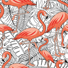 Sticker - Seamless pattern with tropical leaves and pink flamingos on a white background.