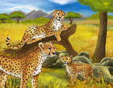 Cartoon Scene With Cheetah Resting On Tree With Family Illustration For Childrencartoon Scene With Cheetah Resting On Tree With Family Illustration For Children